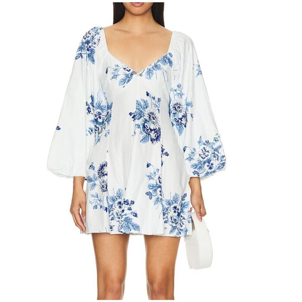 Free People Francesca Mini Dress White Blue Floral Balloon Sleeve Sz M
